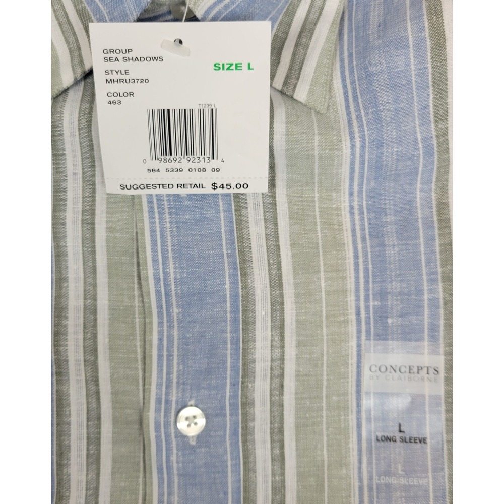 Concepts Claiborne Mens L NWT Linen Blend Striped Button Down Shirt Blue Green - Picture 5 of 7